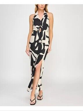 Invitée Black White Abstract Halter Maxi Dress Sz S Tie Waist Sleeveless NWT
